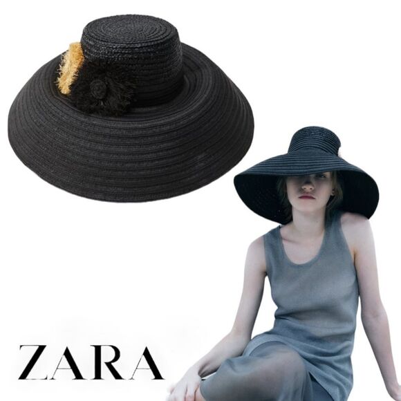 ZARA | Black | CONTRAST FLORAL HAT - Picture 1 of 3